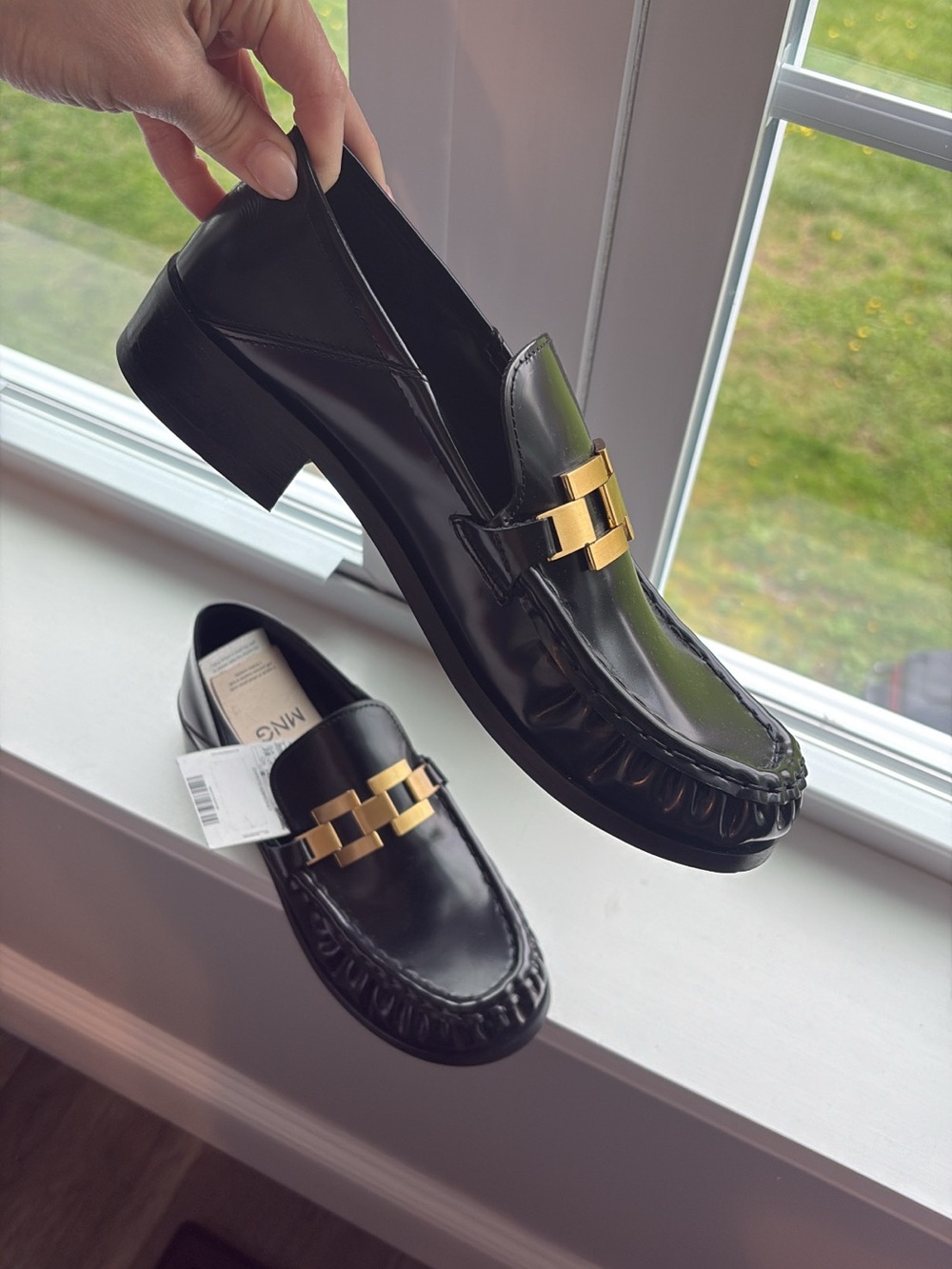 Mango Black Leather Slip-On Loafers with Gold Buckle